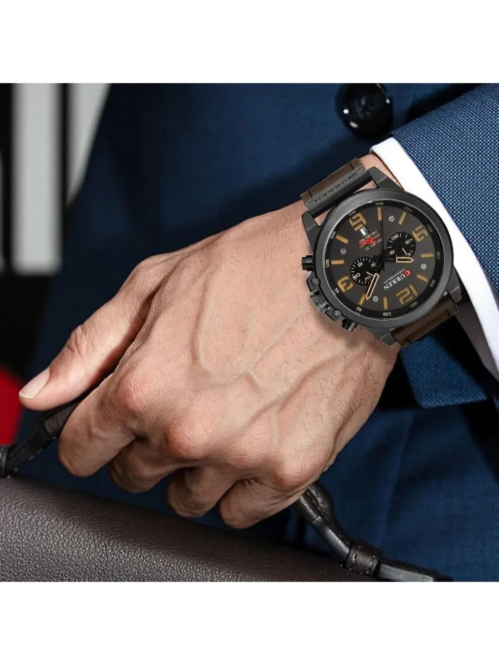Mens Black And Coffee Analog Leather Strap Sandwich Dial Chronograph Wrist Watch